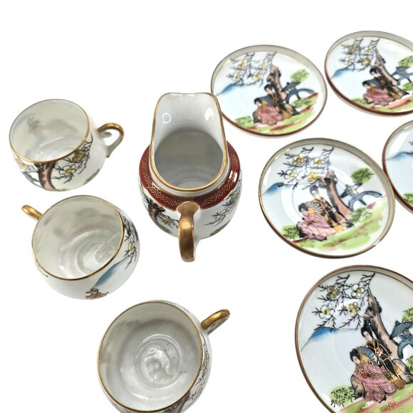 Antique Japanese Kutani Porcelain Tea Set Hand-Painted Geisha Floral Motif je105 - Picture 10 of 12